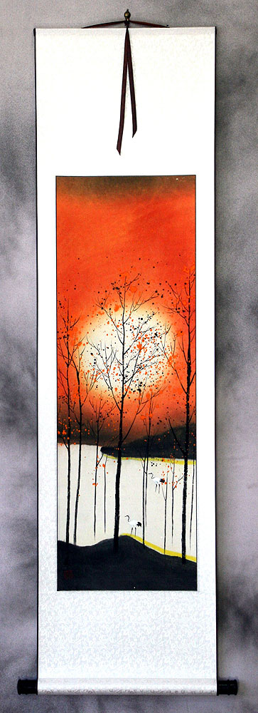 Colorful Asian Cranes Wall Scroll