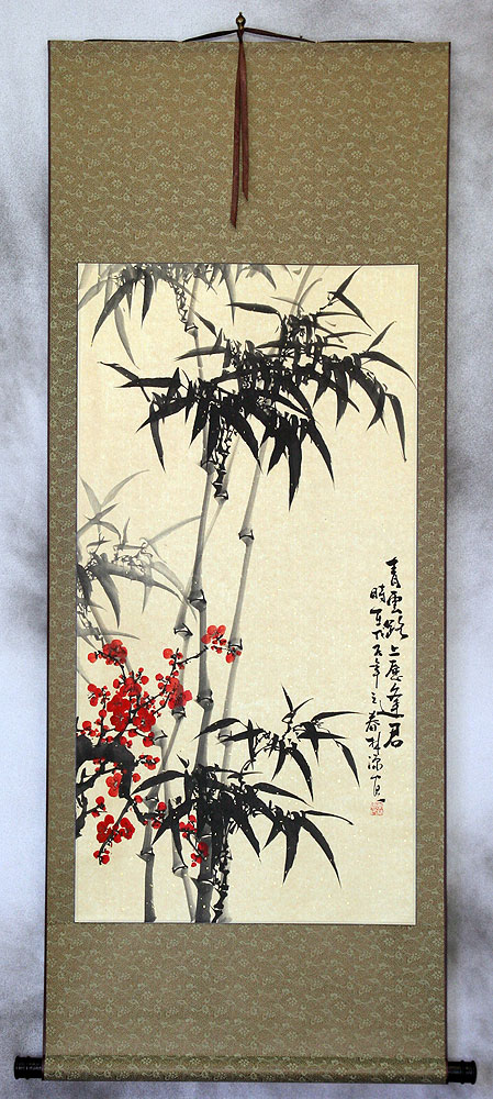 Huge Chinese Bamboo and Plum Blossom Wall Scroll