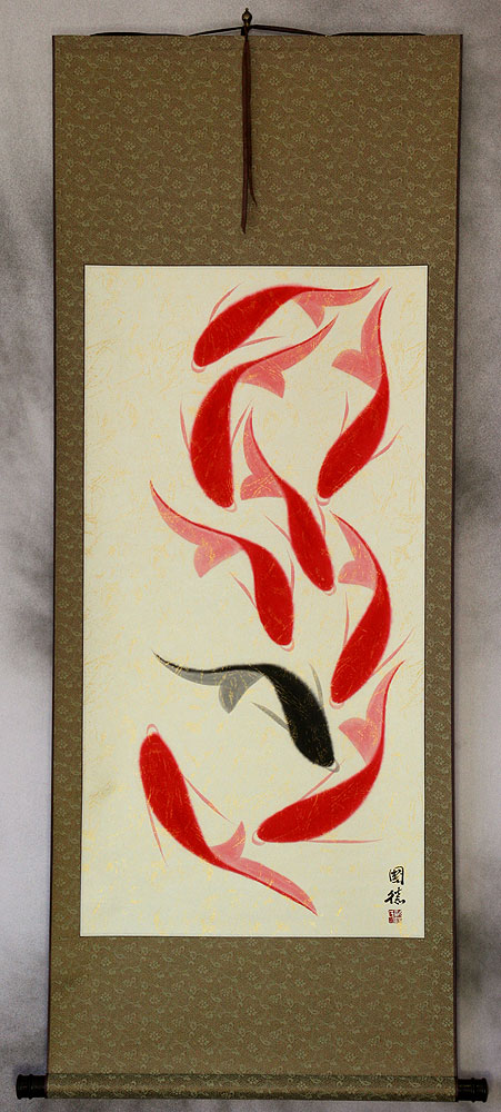 Large Nine Abstract Koi Fish Chinese Scroll