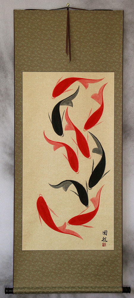 Large Nine Abstract Asian Koi Fish Wall Scroll