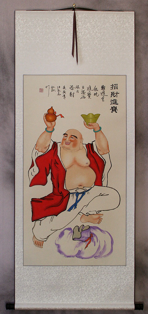 Happy Buddha Brings Treasures Wall Scroll