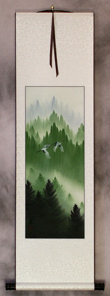Companions Asian Cranes Landscape - Small Wall Scroll