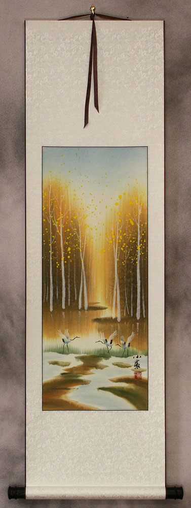 Cranes in Autumn Forest - Small Wall Scroll