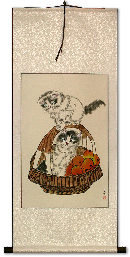 Chinese Kittens in Basket Wall Scroll