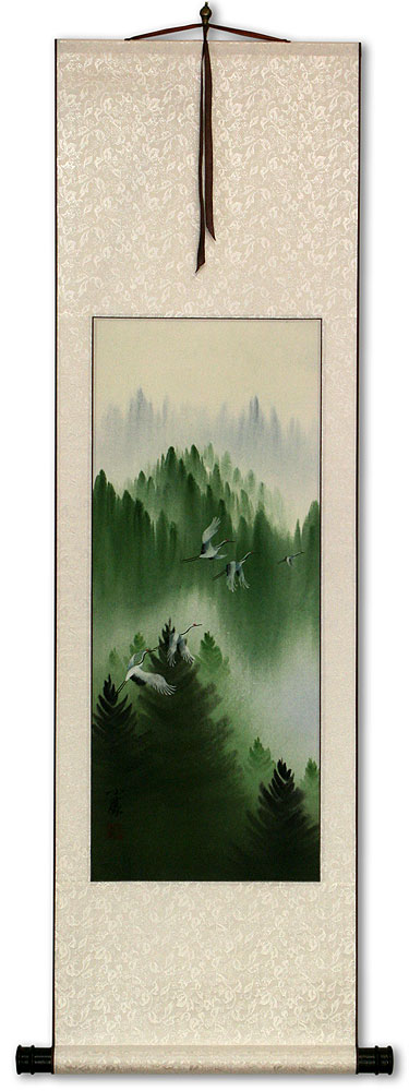 Homeward Bound Chinese Cranes Wall Scroll