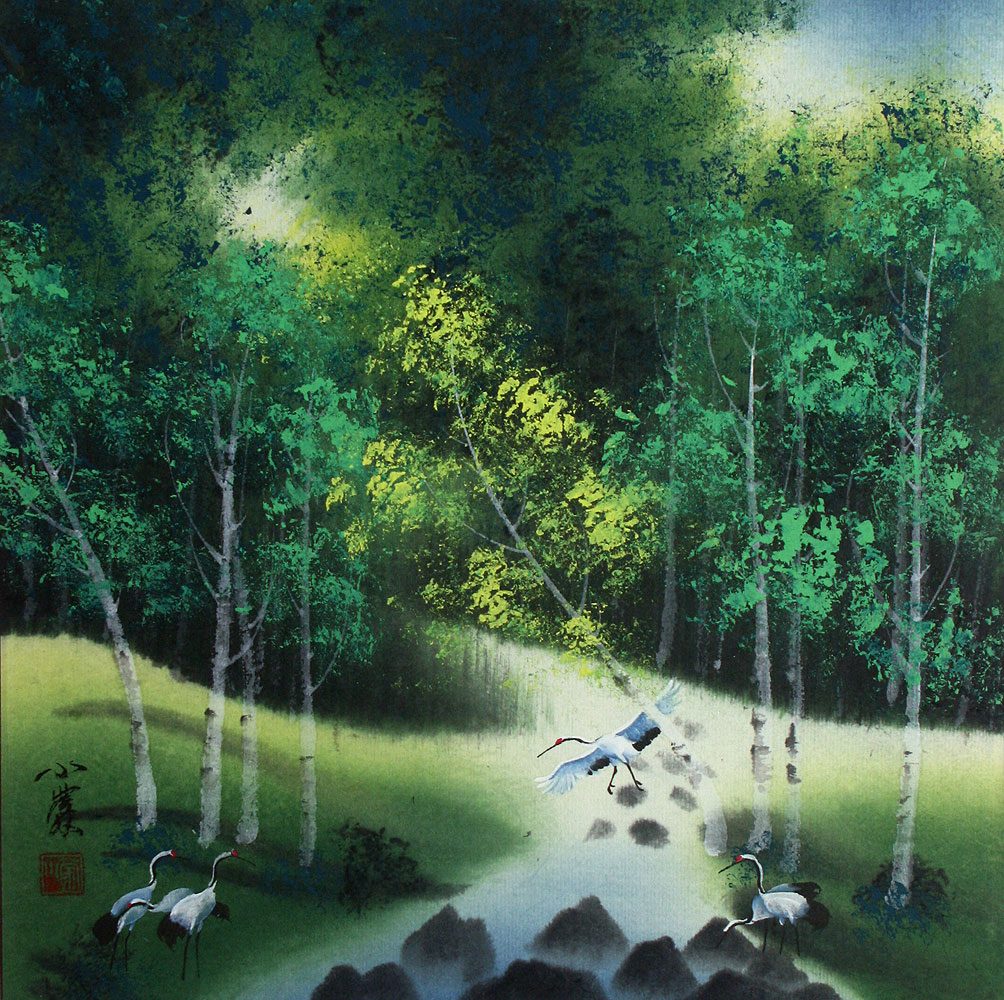 Singing Cranes - Mountain Stream Painting