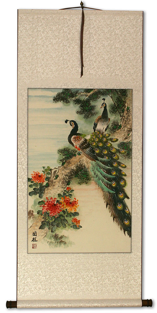 Peacocks and Chrysanthemum Flower Wall Scroll