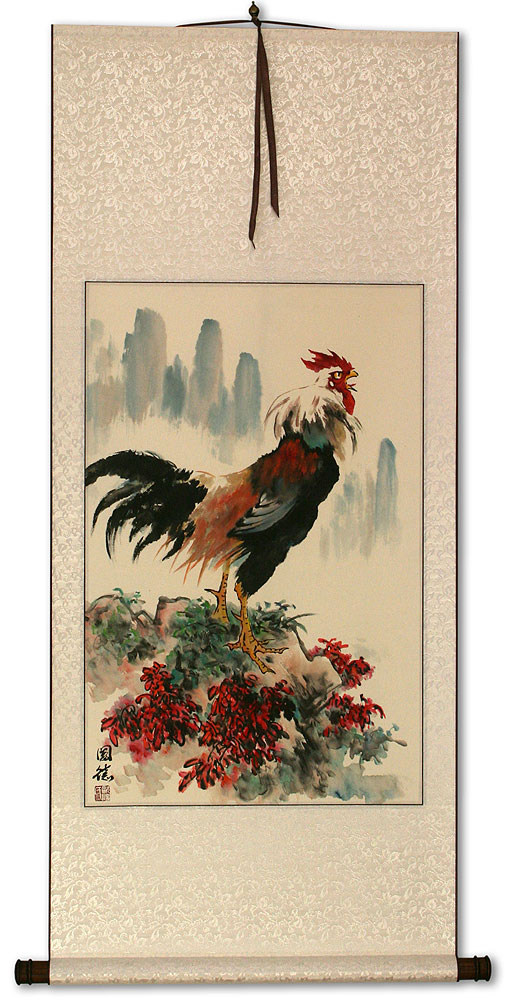 Chinese Farmyard Rooster Wall Scroll