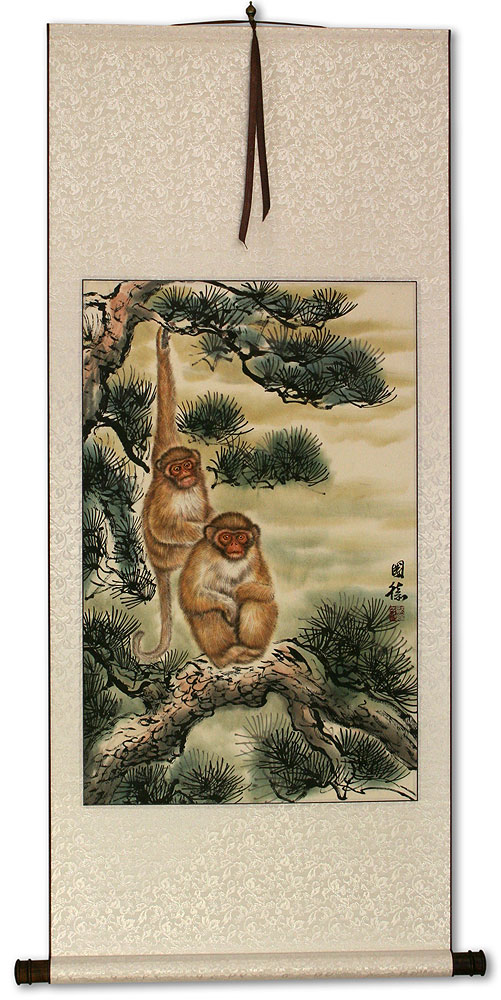 Pine Tree Monkeys - Asian Scroll