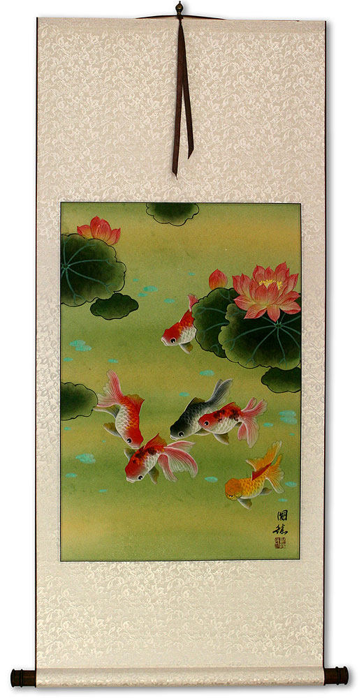 Gold Fish & Flowers - Chinese Scroll