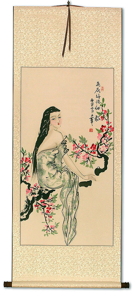 Beauty Under the Flowers Like Poetry - Chinese Scroll