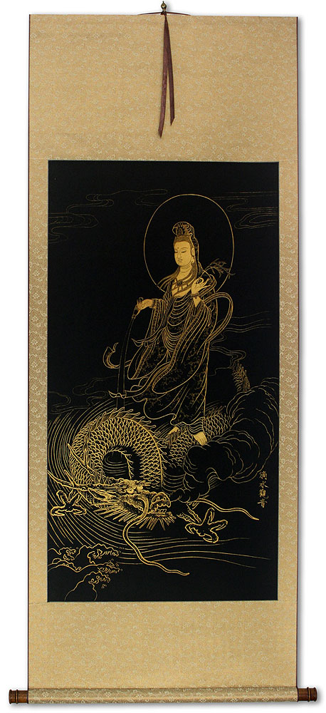 Guanyin Buddha and Dragon - Gold Etching Wall Scroll