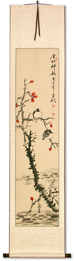 Golden Autumn Charm - Birds and Flower - Wall Scroll