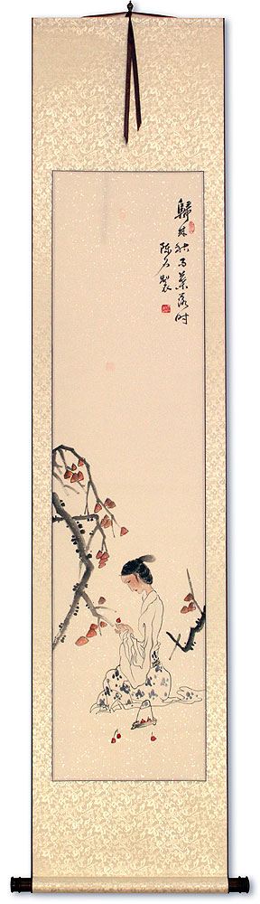 Beautiful Asian Woman Picking Fruit Wall Scroll