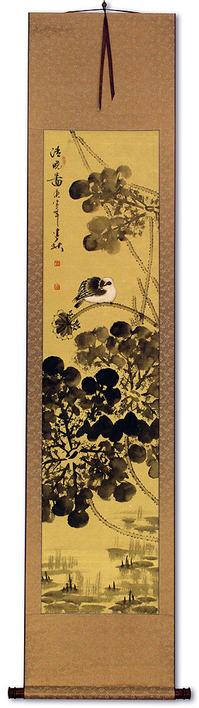 Bird and Lotus Flower Pond - Clear Dawn - Chinese Scroll