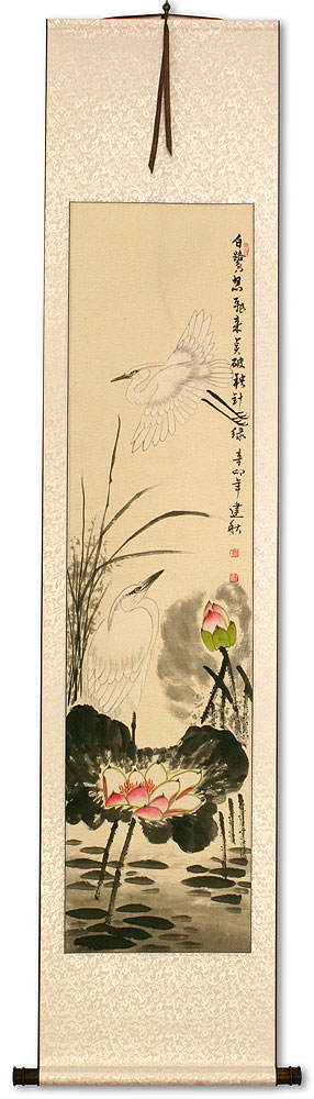 Egret Birds and Lotus Wall Scroll