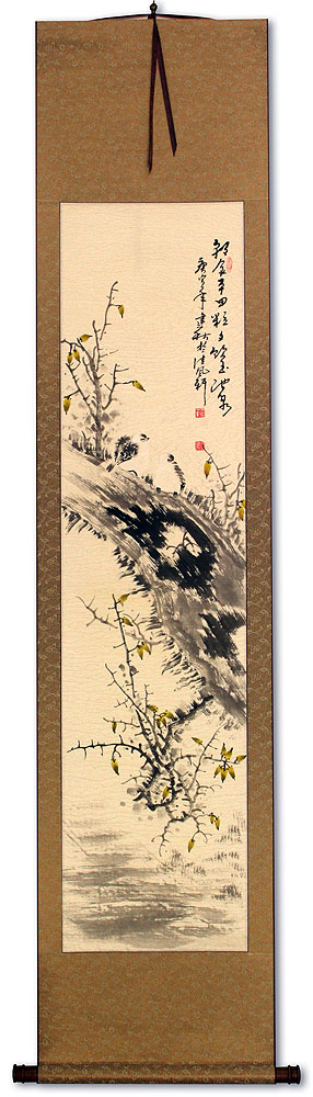 Ink Bird and Flower Wall Scroll