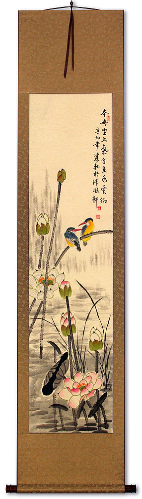 Kingfisher Birds Above the Lotus Pond - Wall Scroll