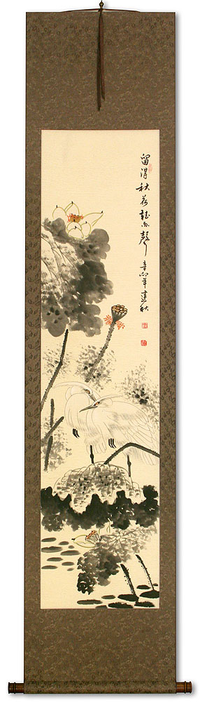 Lotus and Egret Bird Wall Scroll