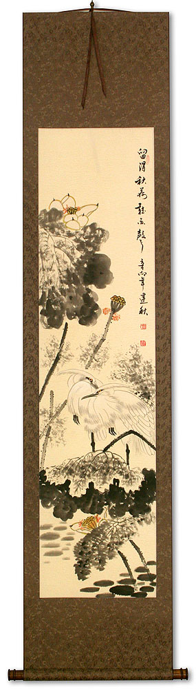 Autumn Rain - Egret Birds and Lotus Flower Wall Scroll