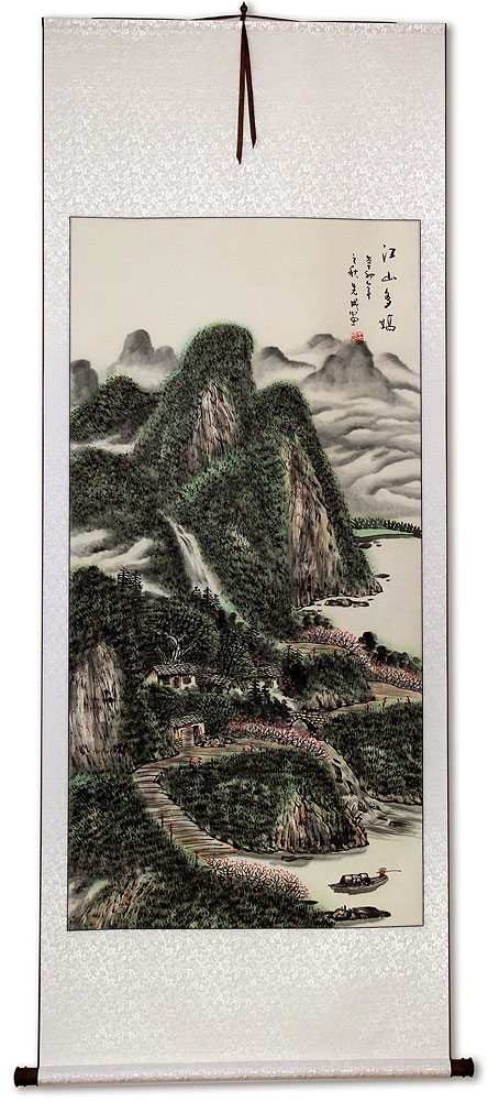 Chinese Village Boat and River Landscape Wall Scroll