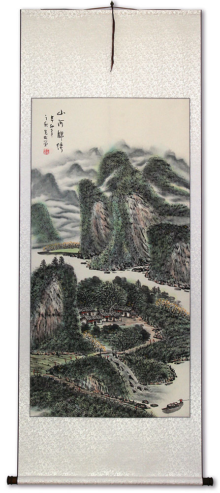 Chinese Village Boat and River Landscape Wall Scroll
