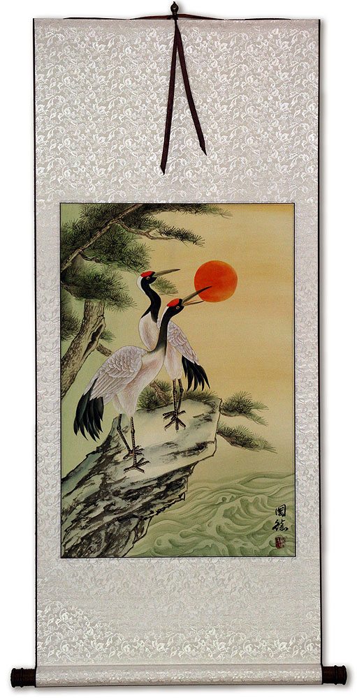 Antique-Style Asian Cranes Wall Scroll