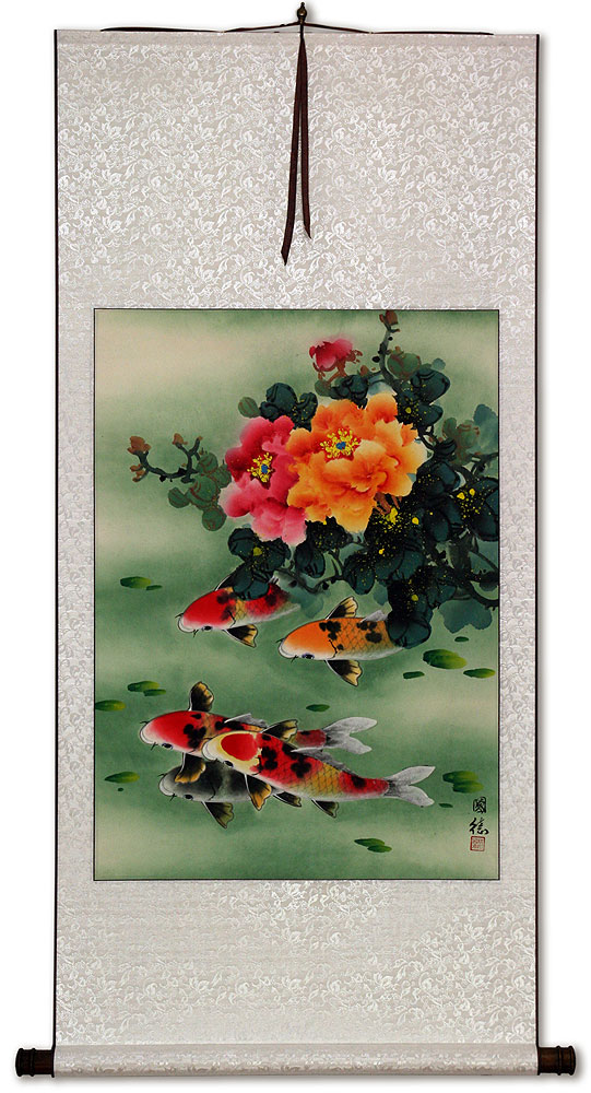 Peony Flowers & Koi Fish - Chinese Scroll