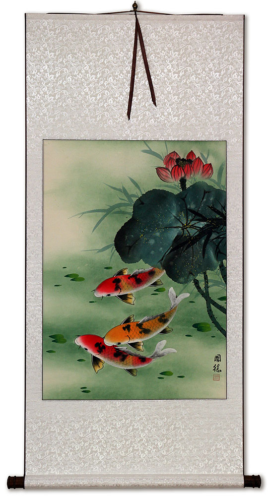 Koi Fish & Lotus Flower - Asian Art Scroll