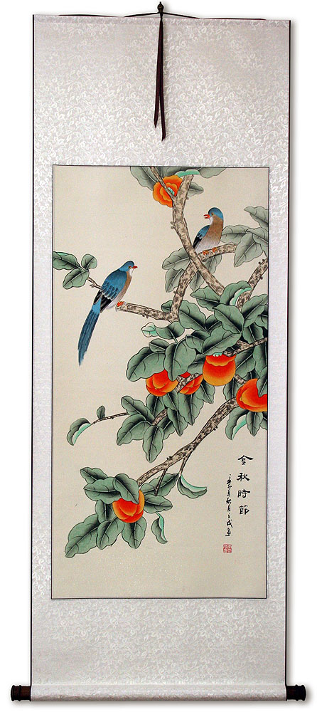 The Golden Autumn - Bird and Persimmon Chinese Scroll