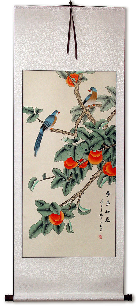 Bird and Persimmon - The Golden Autumn - Chinese Scroll