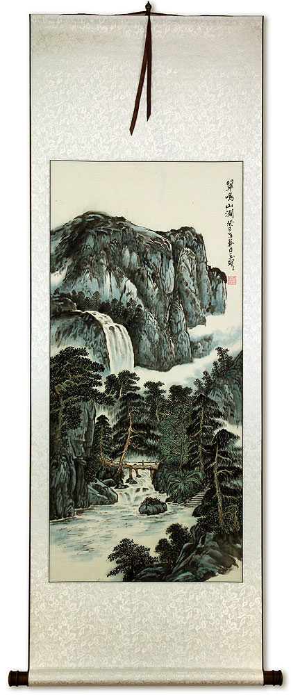 Waterfall and Bridge Landscape Wall Scroll