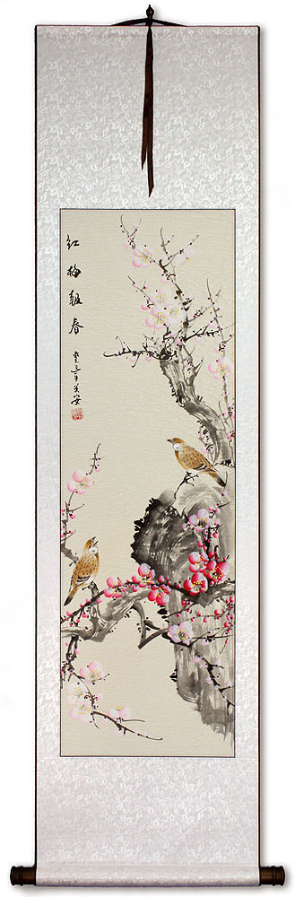 Chinese Birds and Plum Blossom Painting Wall Scroll