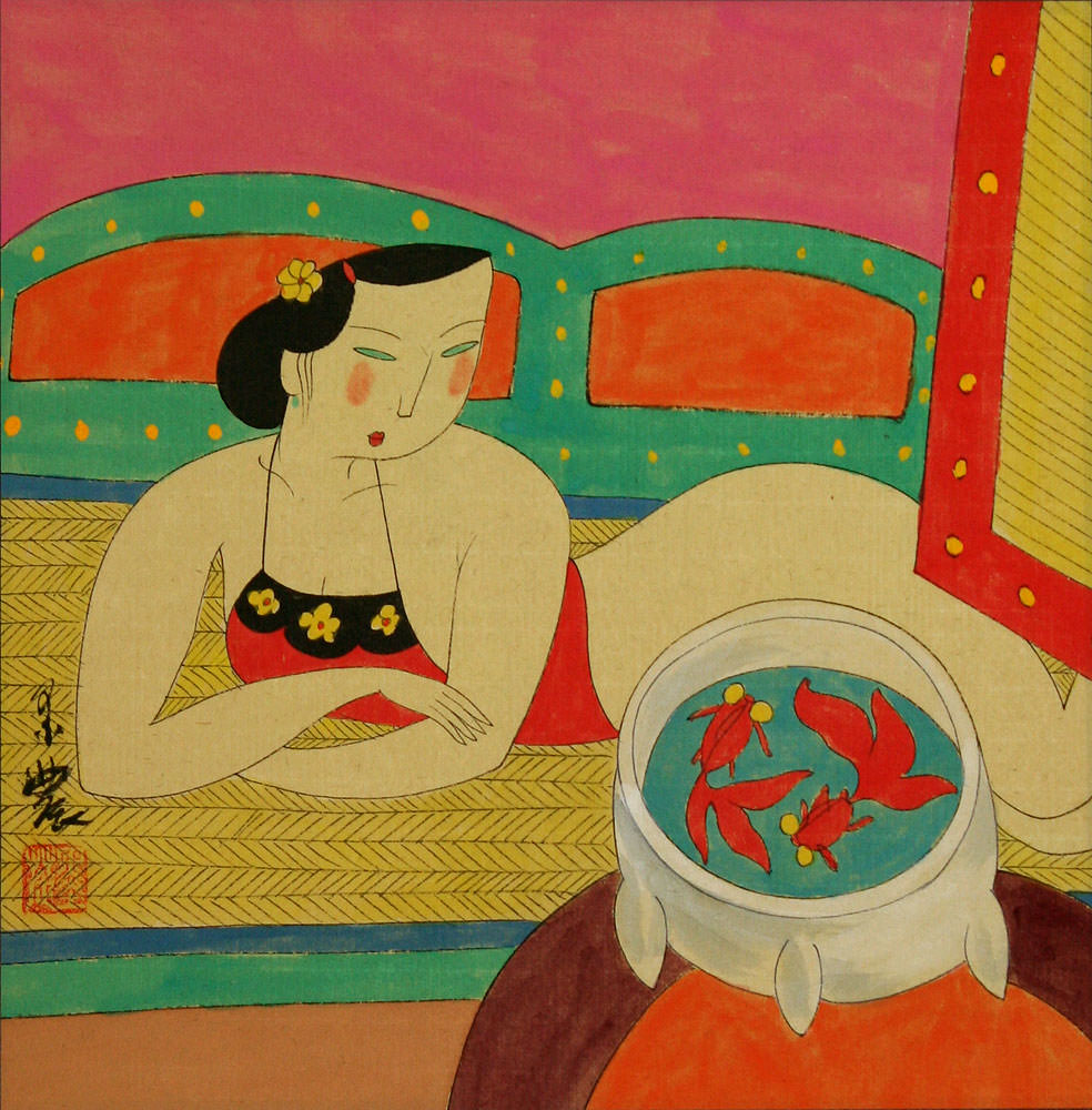 Chinese Woman & Fish Bowl - Modern Art Painting
