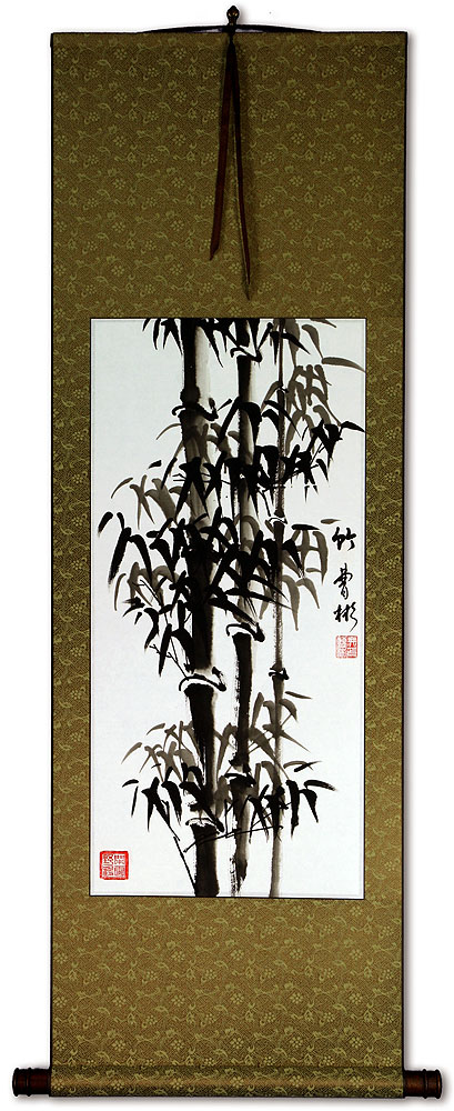 Asian Bamboo on Copper Brocade Wall Scroll