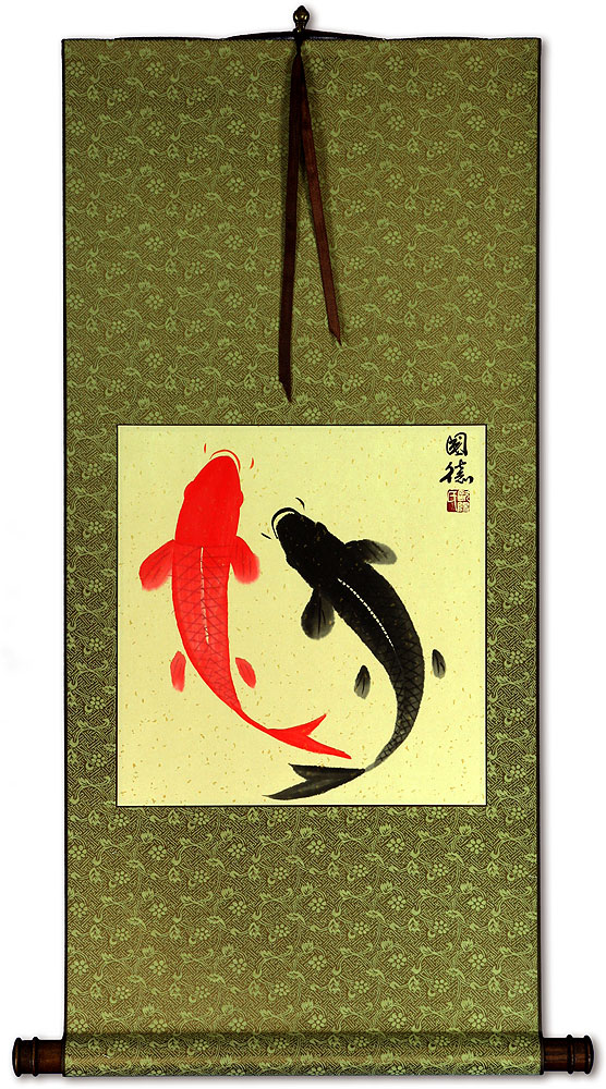 Classic Yin Yang Fish Brocade Wall Scroll