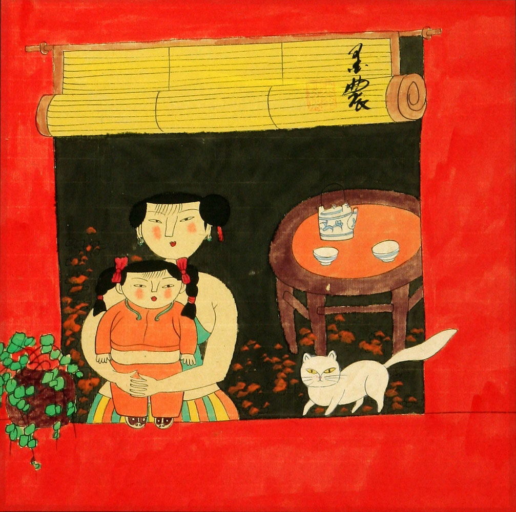 Chinese Mother & Daughter with White Cat - Modern Art Painting
