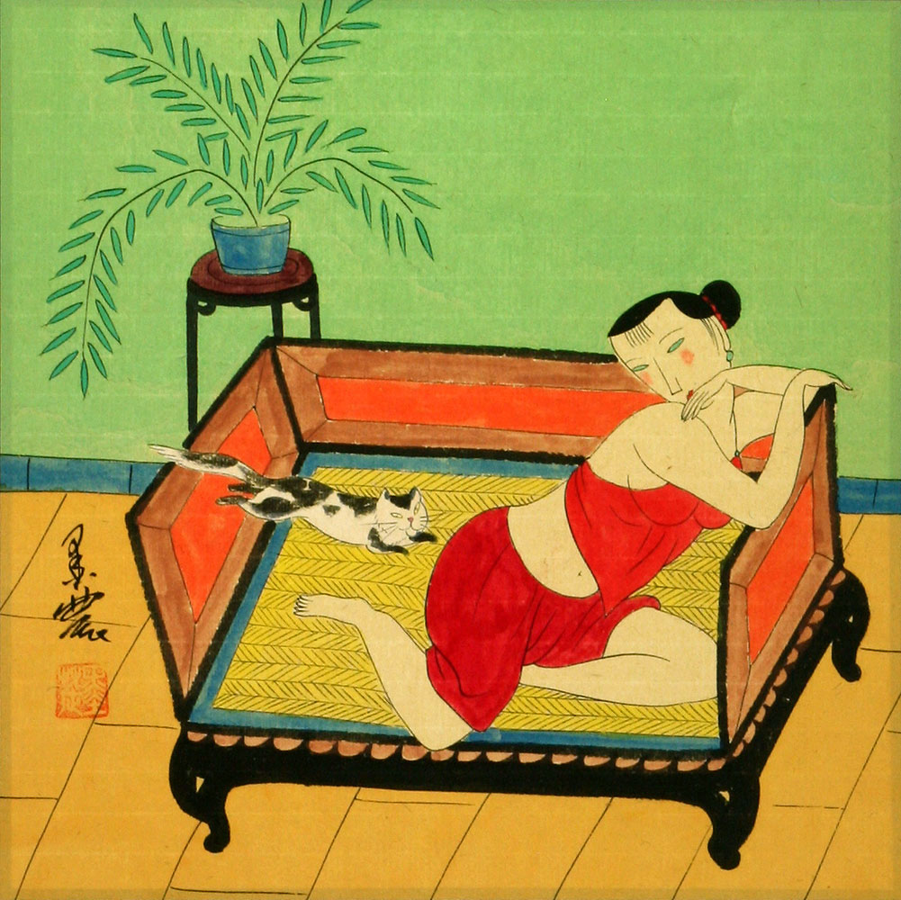Woman and Cat on Bed - Modern Asian Art Painting