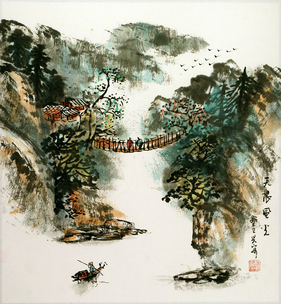 Chinese Mountain Cliff Village Boat and Bridge Landscape Painting