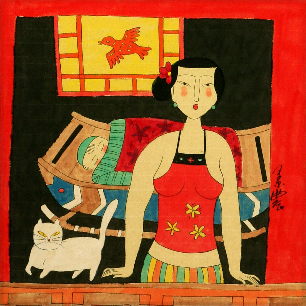Mother, Child & White Cat — Domestic Harmony - Modern Art Painting