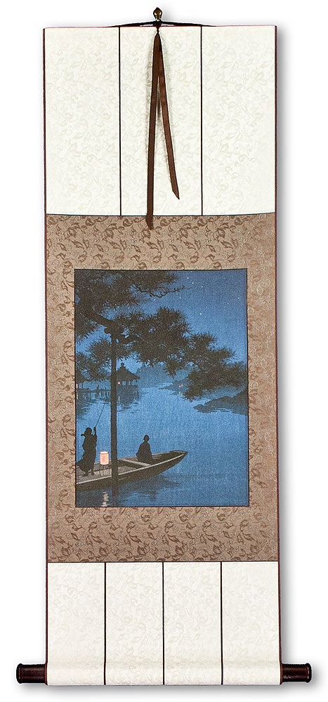 Shubi Pine Night Boat - Japanese Woodblock Print Repro - Wall Scroll