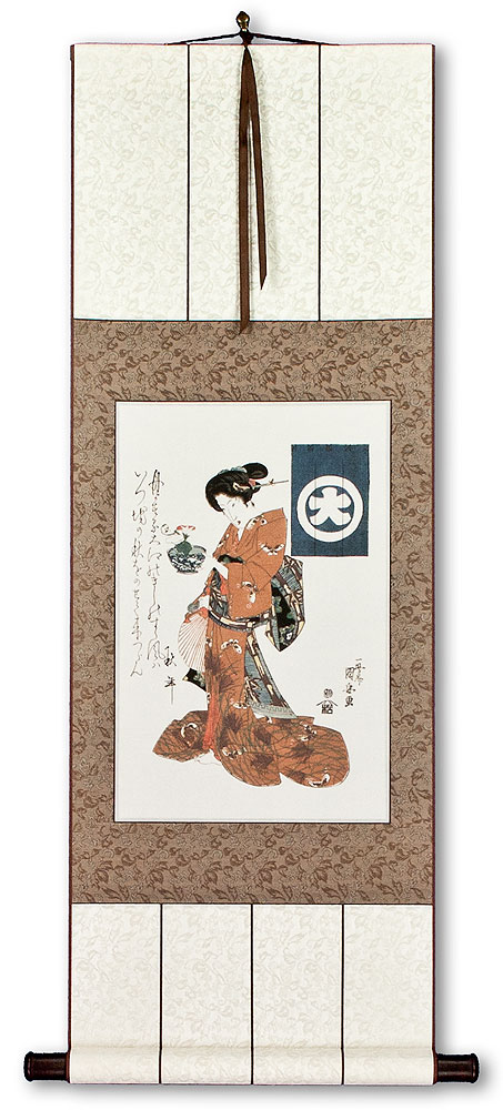 Woman Carrying Morning Glory - Japanese Woodblock Print Repro - Wall Scroll