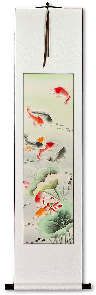 Koi Fish & Lotus Flower - Chinese Scroll