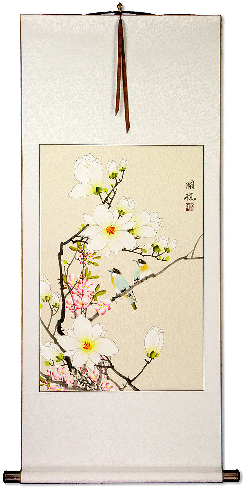 Birds & Flowers White Wall Scroll