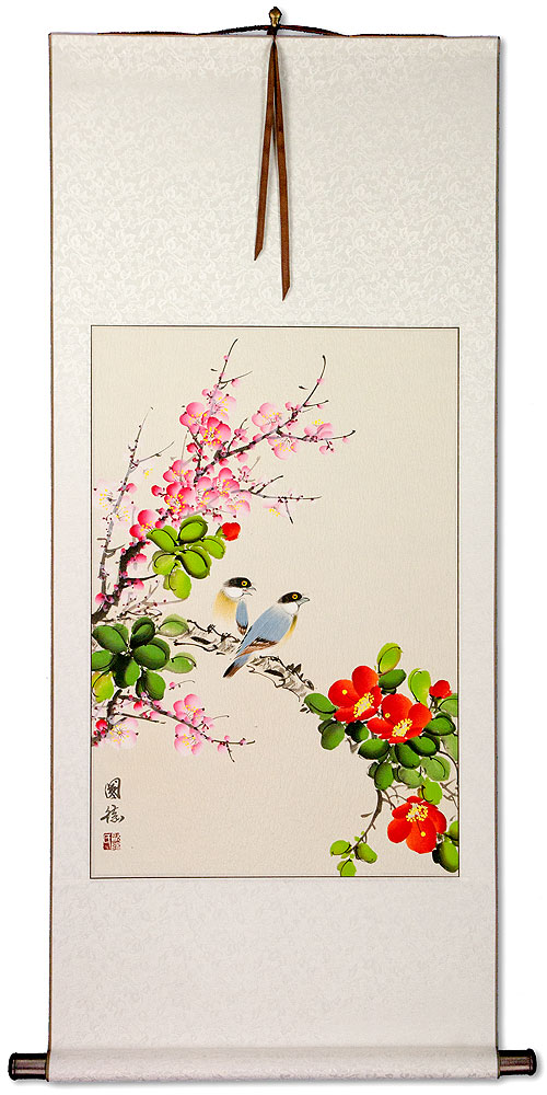 Birds Plum Blossom and Flower Wall Scroll