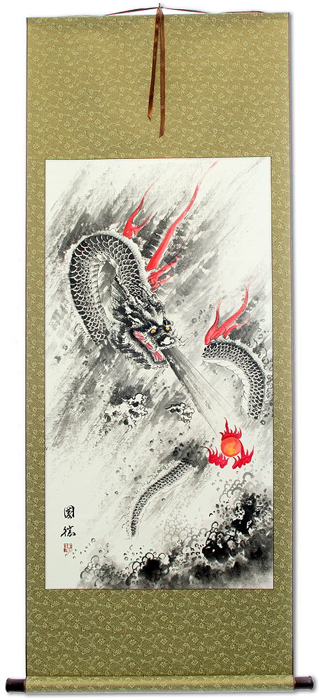 Flying Chinese Dragon Lightning Pearl - Asian Scroll