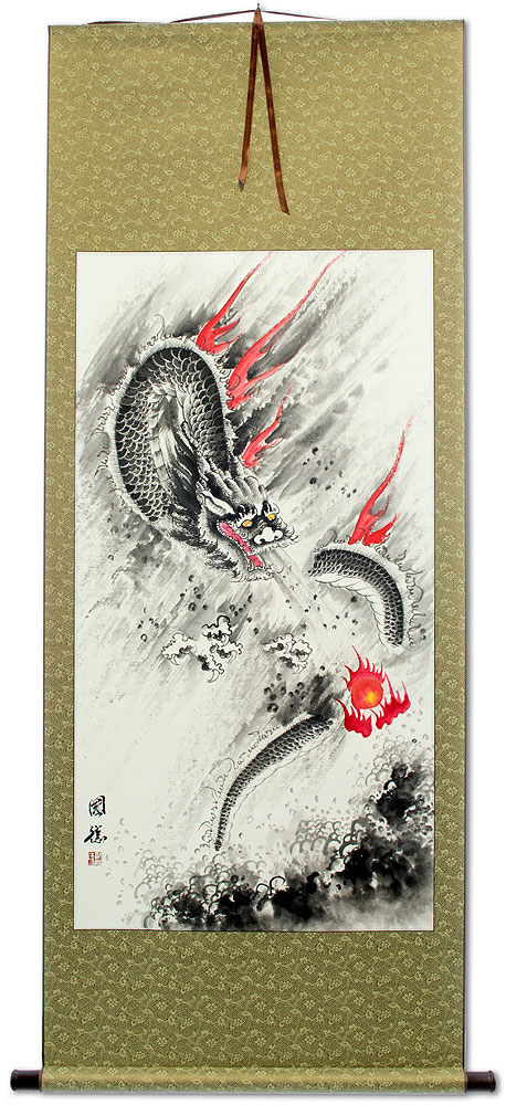 Flying Chinese Dragon & Lightning Pearl - Chinese Scroll