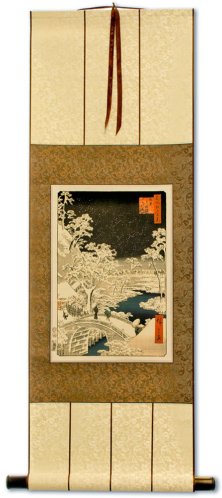 Snowy Bridge Landscape - Japanese Woodblock Print Repro - Small Wall Scroll