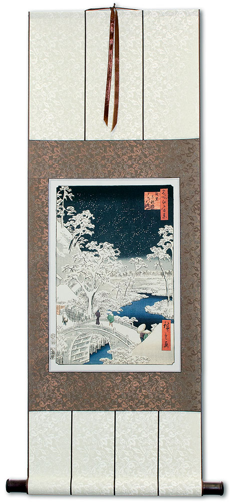 Snowy Bridge Landscape - Japanese Woodblock Print Repro - Small Wall Scroll