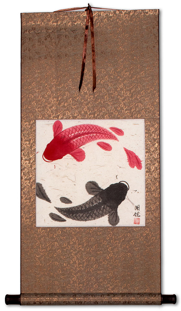 Antique-Style Yin Yang Fish Silk Wall Scroll